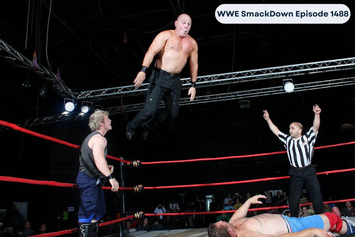 WWE SmackDown Episode 1488 - wrestler performs an aerial move as referee and opponent look on in anticipation.