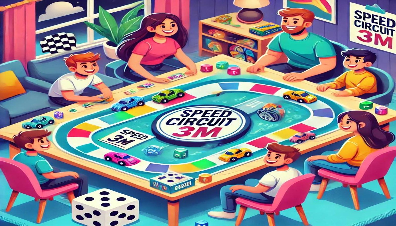 A vibrant illustration of players gathered around a table playing the Speed Circuit 3M board game, featuring colorful cars, a detailed race track, and dice, in a cozy indoor setting