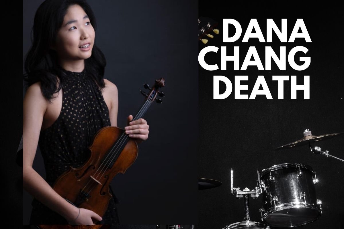 Dana Chang, violinist, holding a violin with text reading 'Dana Chang Death' in the background