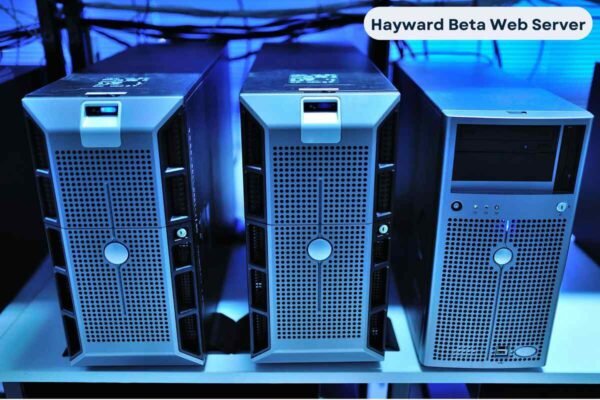 Three Hayward Beta Web Server units in a data center with blue lighting, showing secure, high-performance server infrastructure