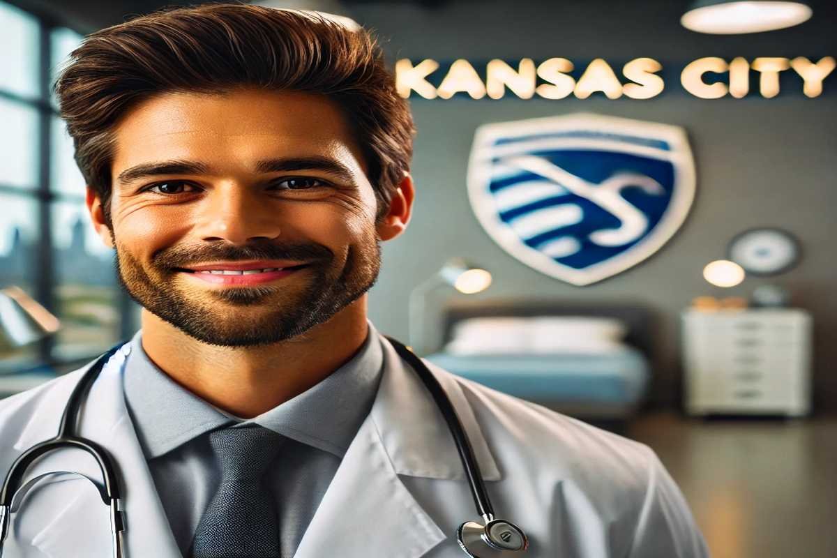 Professional male doctor in a white coat with Kansas City signage in the background, symbolizing healthcare expertise in Kansas City.