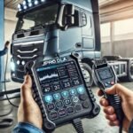 Close-up view of a JPRO DLA heavy-duty commercial diagnostic tool in use, showing real-time vehicle diagnostics in a truck maintenance workshop.