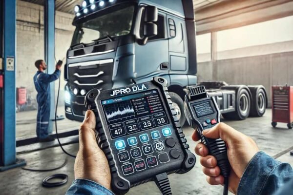 Close-up view of a JPRO DLA heavy-duty commercial diagnostic tool in use, showing real-time vehicle diagnostics in a truck maintenance workshop.