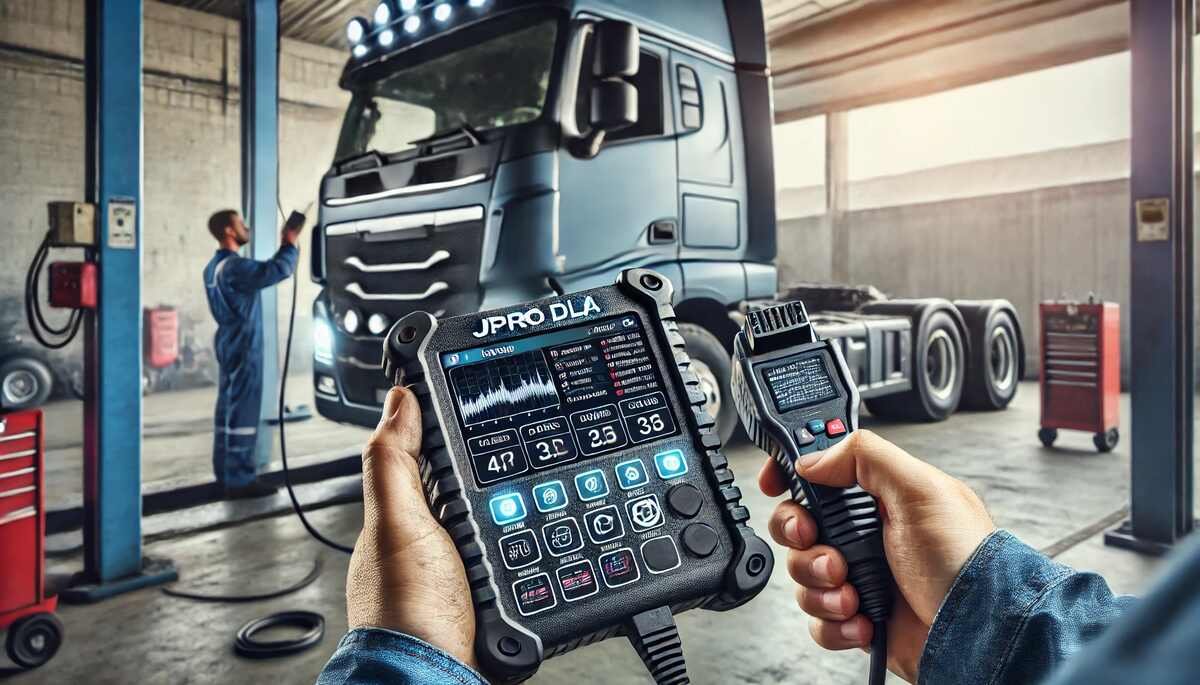 Close-up view of a JPRO DLA heavy-duty commercial diagnostic tool in use, showing real-time vehicle diagnostics in a truck maintenance workshop.