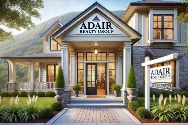 Adair Realty Group real estate office in Black Mountain, NC, showcasing a welcoming entrance, surrounded by lush greenery and a scenic mountain backdrop.