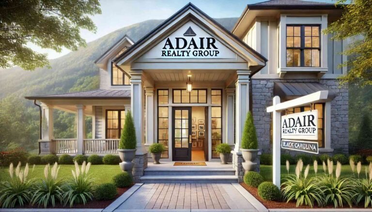 Adair Realty Group real estate office in Black Mountain, NC, showcasing a welcoming entrance, surrounded by lush greenery and a scenic mountain backdrop.