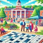 A vibrant small-town scene featuring families, a town hall, crossword boards, and a cozy park, symbolizing the Small Town Security Network Crossword