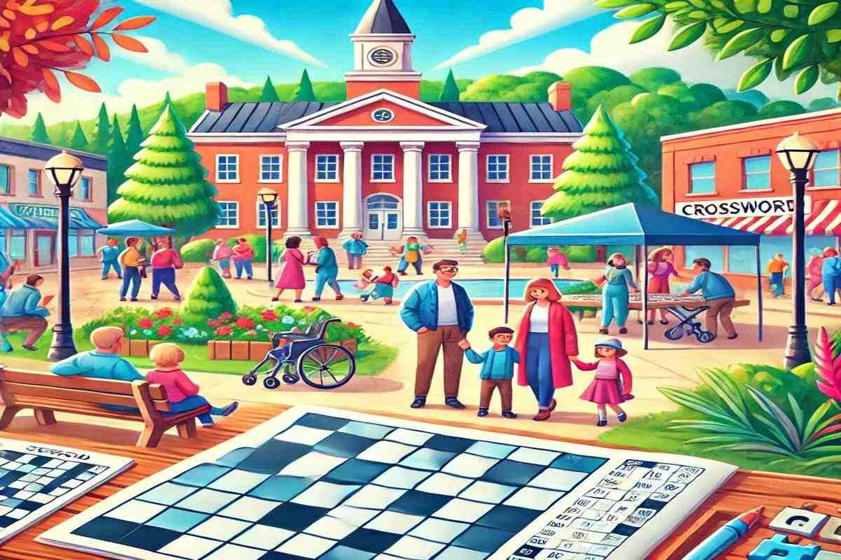 A vibrant small-town scene featuring families, a town hall, crossword boards, and a cozy park, symbolizing the Small Town Security Network Crossword