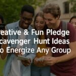 College students participating in an outdoor pledge scavenger hunt, smiling and solving clues on campus