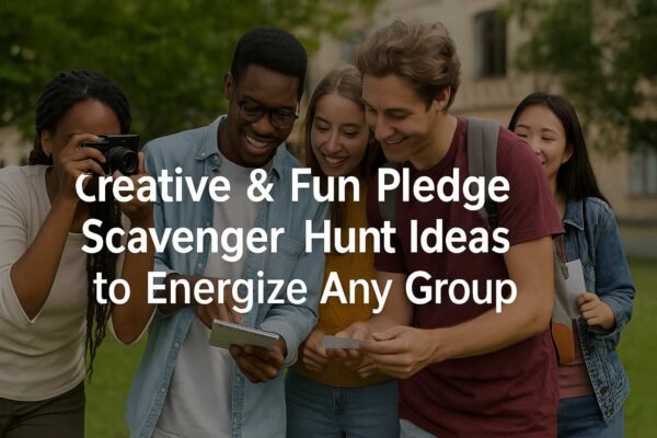 College students participating in an outdoor pledge scavenger hunt, smiling and solving clues on campus