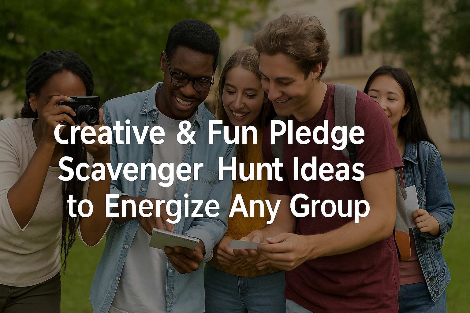 College students participating in an outdoor pledge scavenger hunt, smiling and solving clues on campus