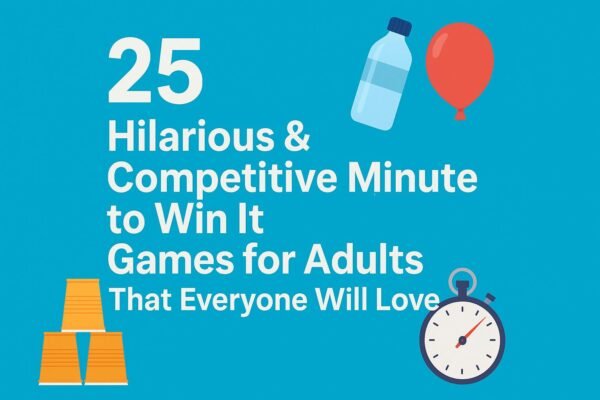 Illustration of timer, balloon, plastic cups, and water bottle with text promoting 25 hilarious and competitive minute to win it games for adults