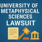 University of Metaphysical Sciences Lawsuit graphic showing gavel, courthouse, and legal document icons on a blue background