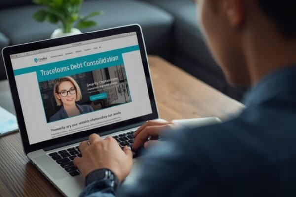 Person browsing traceloans.com debt consolidation services on laptop