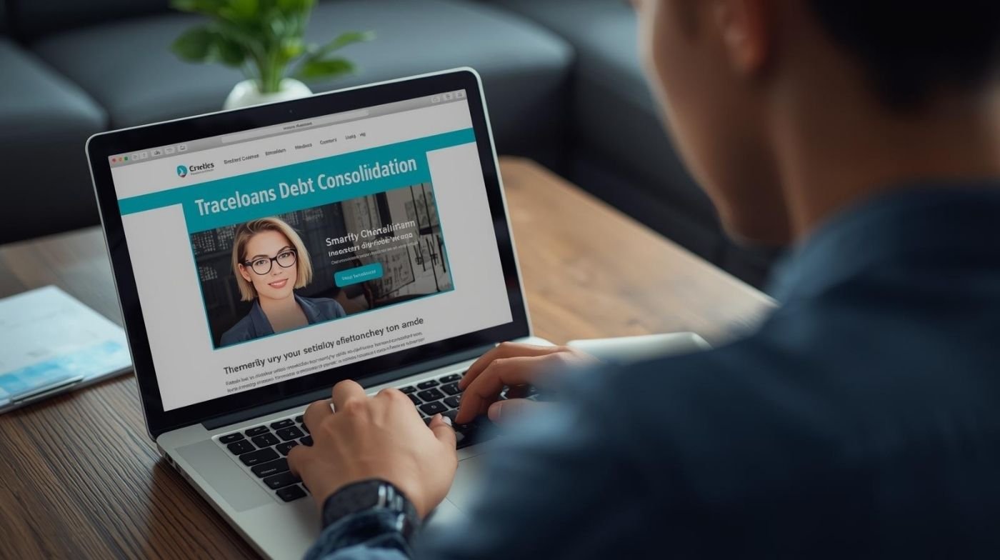 Person browsing traceloans.com debt consolidation services on laptop