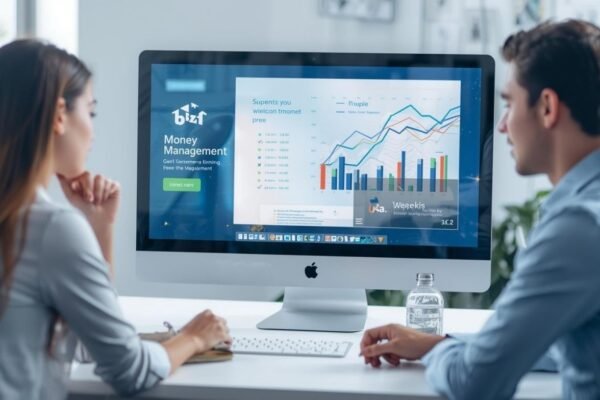 Two professionals analyzing financial charts on computer screen for managing money bizfusionworks