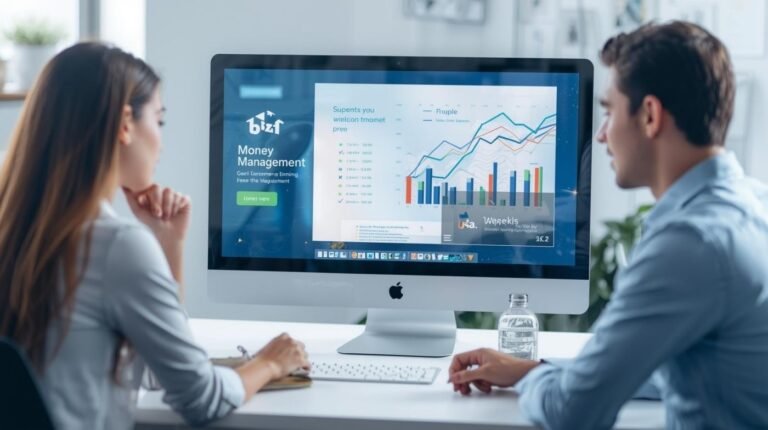 Two professionals analyzing financial charts on computer screen for managing money bizfusionworks