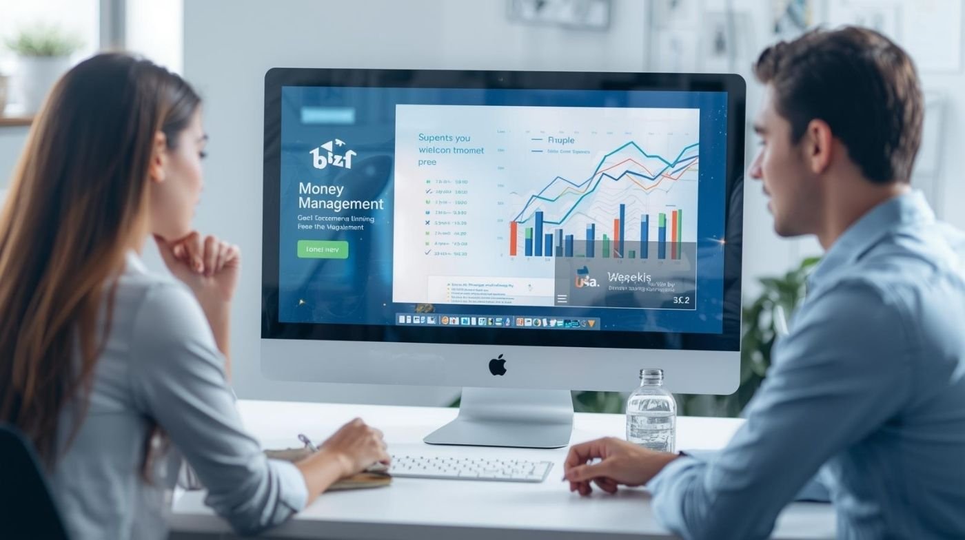 Two professionals analyzing financial charts on computer screen for managing money bizfusionworks
