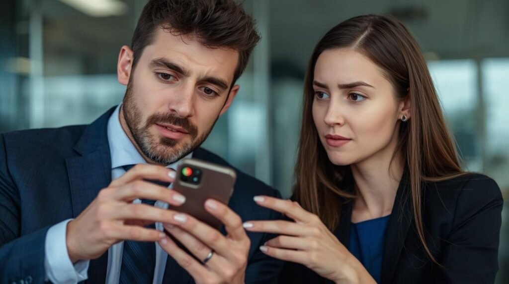 Two people checking a phone, discussing if call from 07441128267 is safe or a scam