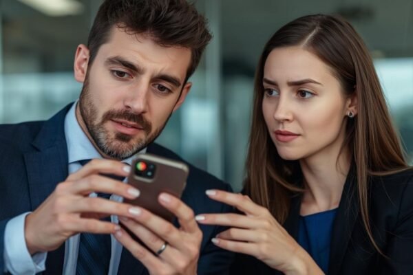 Two people checking a phone, discussing if call from 07441128267 is safe or a scam
