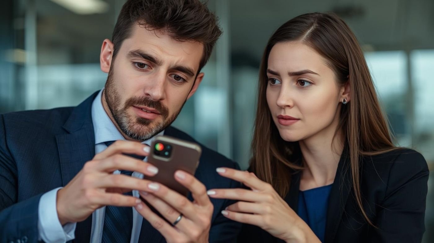 Two people checking a phone, discussing if call from 07441128267 is safe or a scam